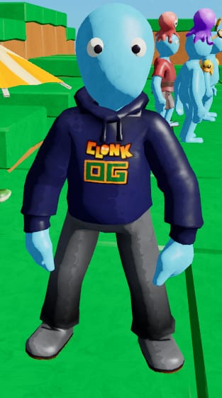 Clay character wearing the exclusive navy Clonk OG Hoodie on a green course
