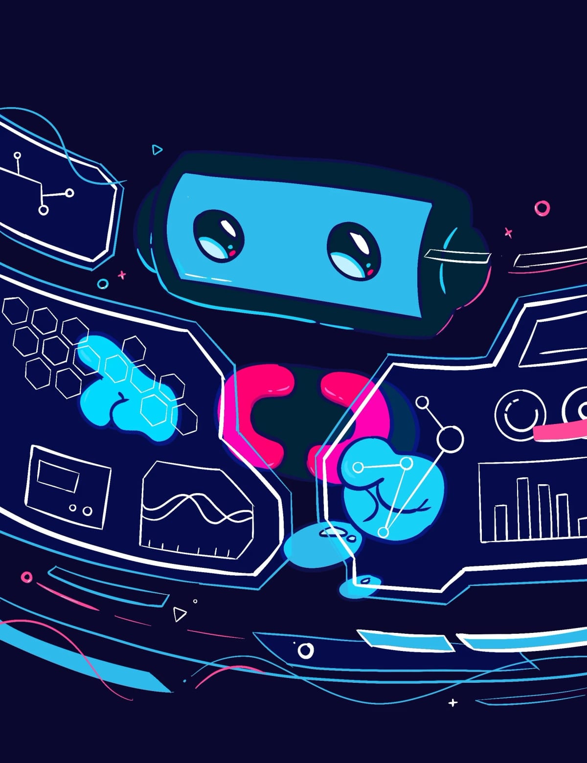 Neon illustration of a robot head ringed by holographic dashboards, gauges and charts