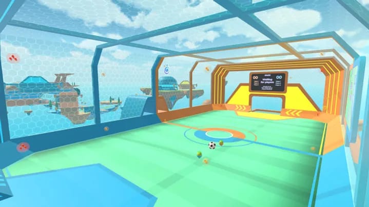 Jetpack Stadium pitch in VR with a soccer ball at center and floating islands beyond the glass walls