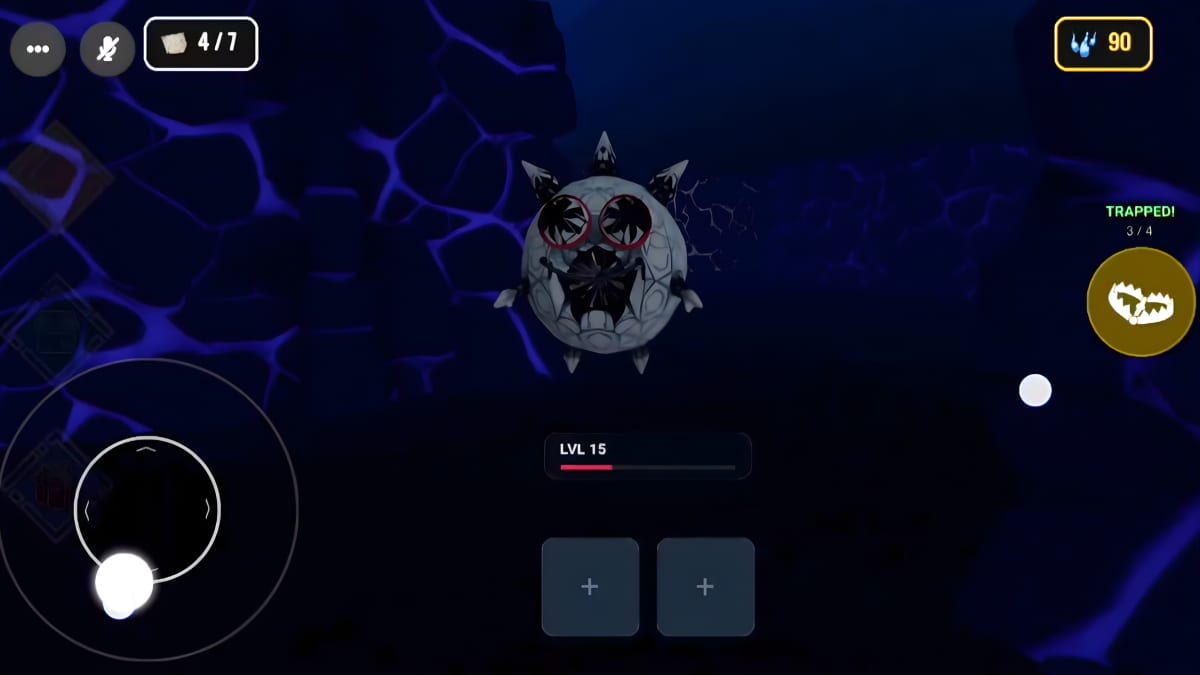 Spiked snarling entity floating through a blue Missing Exit corridor while two teammates show as trapped