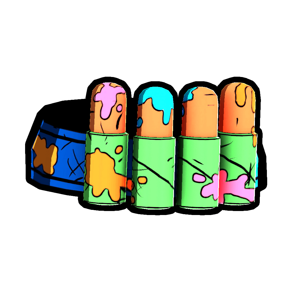 Monkey Doo paintball belt item icon, a blue belt loaded with four paint-splattered canisters