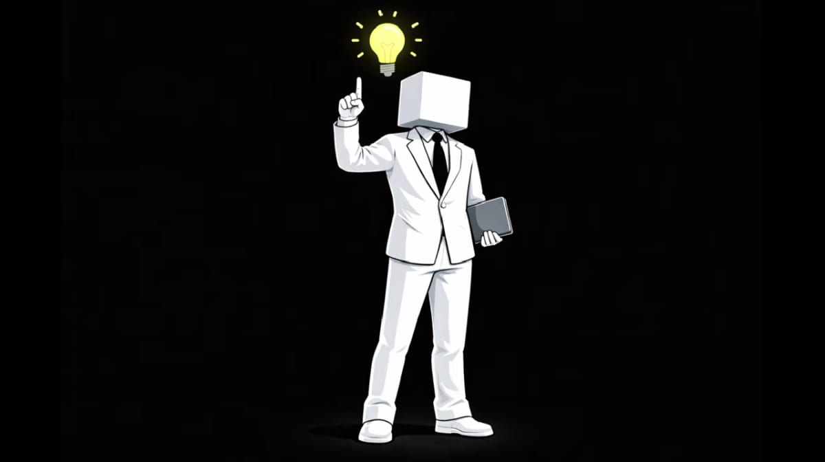 Dev log thumbnail: a cube-headed figure in a white suit raising a finger to a glowing light bulb