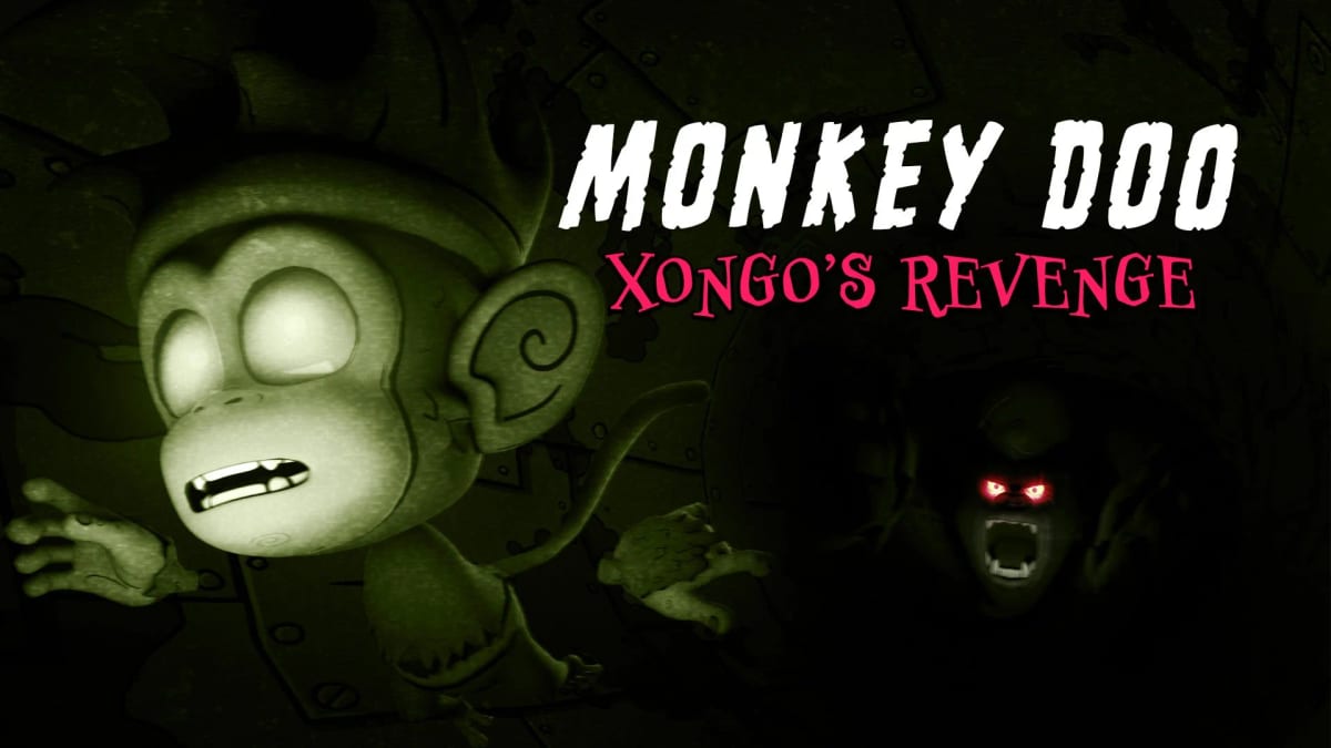 Monkey Doo: Xongo's Revenge key art with a frightened monkey and Xongo's glowing red eyes in the dark