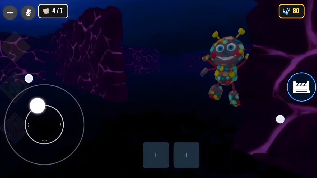 Grinning multicolored blob creature drifting through a purple-lit passage of the Missing Exit maze