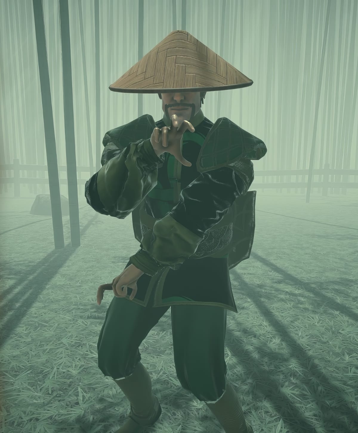 Custom Fighter Forge character in a green robe and straw conical hat guarding in a misty bamboo grove