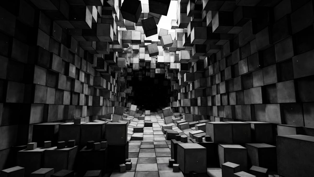 Scared By Squares corridor of grey cubes leading into pitch darkness over a checkerboard floor