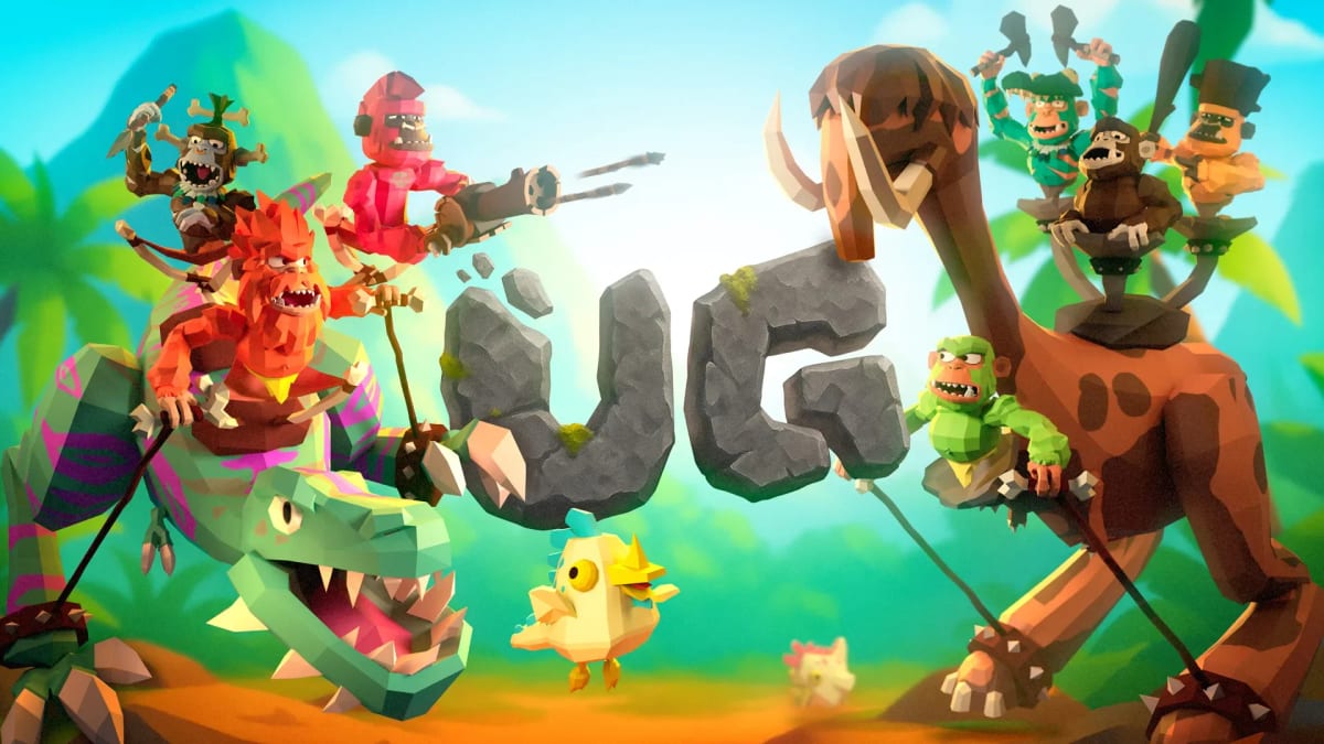 UG key art: cartoon cavemen and a woolly mammoth around the game logo in a prehistoric jungle