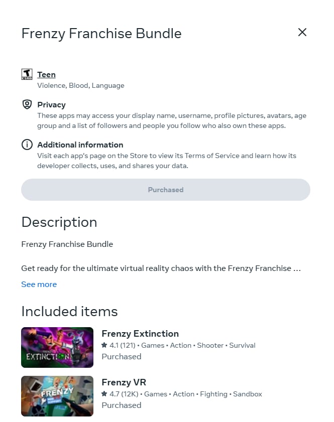 Frenzy Franchise Bundle store listing with Frenzy Extinction and Frenzy VR under Included items