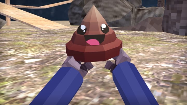 First-person view in DigiGods holding the Monkey Doo throwable, a grinning brown Doo character