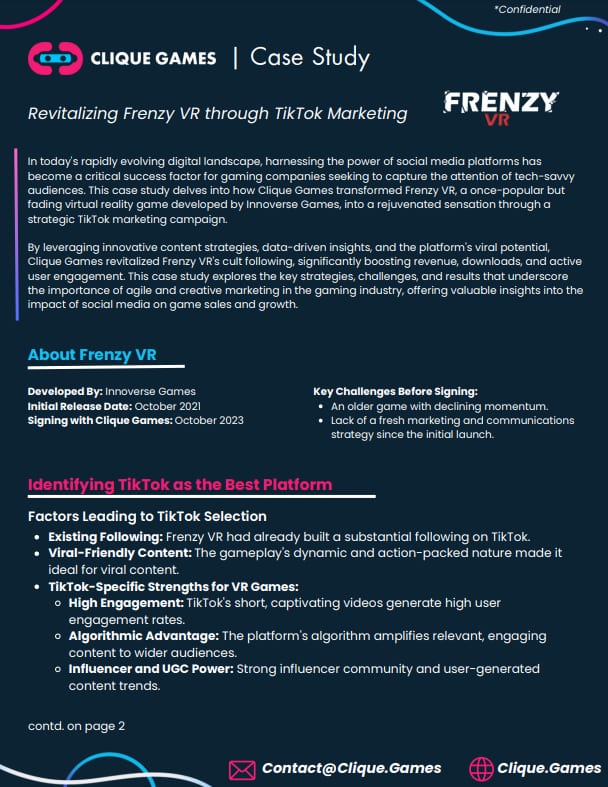 First page of the Clique Games case study PDF, Revitalizing Frenzy VR through TikTok Marketing