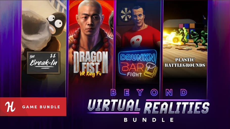 Humble bundle artwork with cover tiles for The Break-In, Dragon Fist: VR Kung Fu, Drunkn Bar Fight, and Plastic Battlegrounds