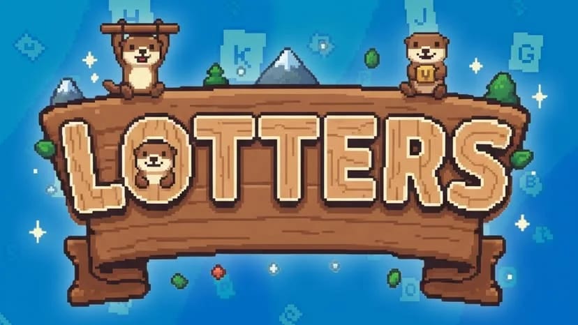 Lotters key art: the game logo carved into a wooden sign with pixel-art otters and floating letter tiles