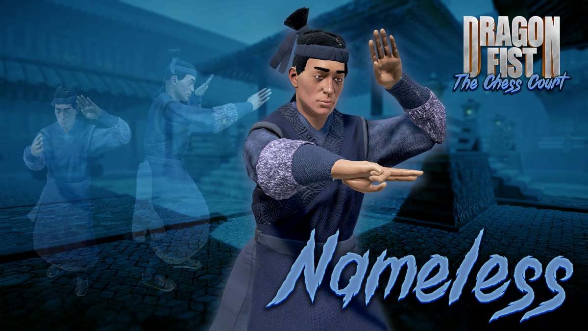 Nameless, an assassin in blue robes, holding a flat-palm kung fu guard