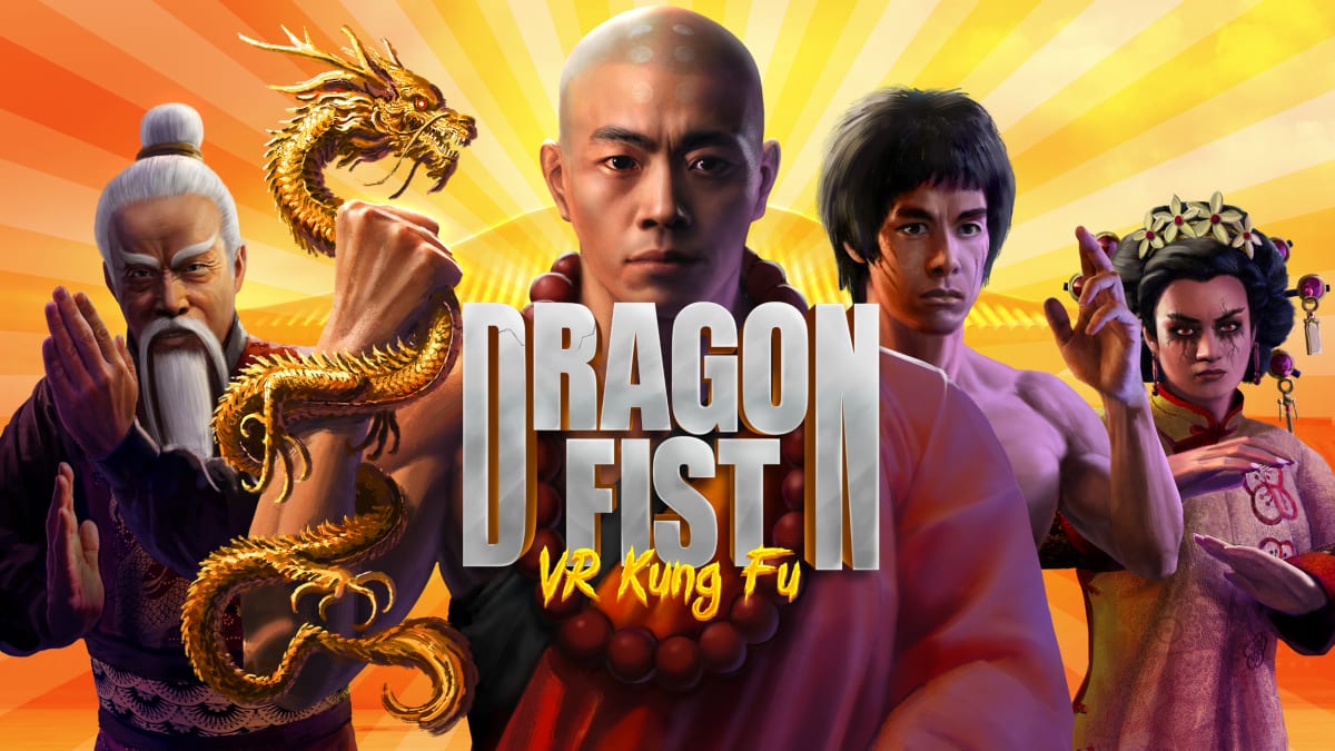 Dragon Fist: VR Kung Fu key art with four fighters and a golden dragon flanking the game logo