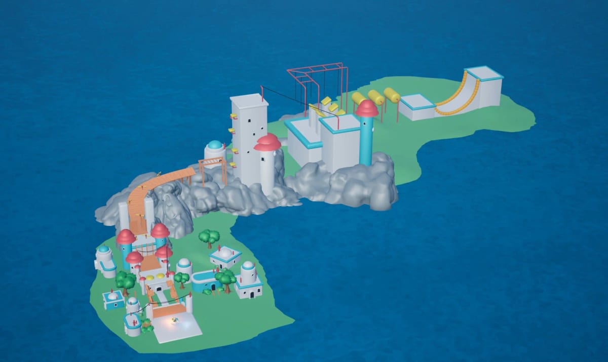 Untextured blockout of an island course with towers, ramps and rocky paths
