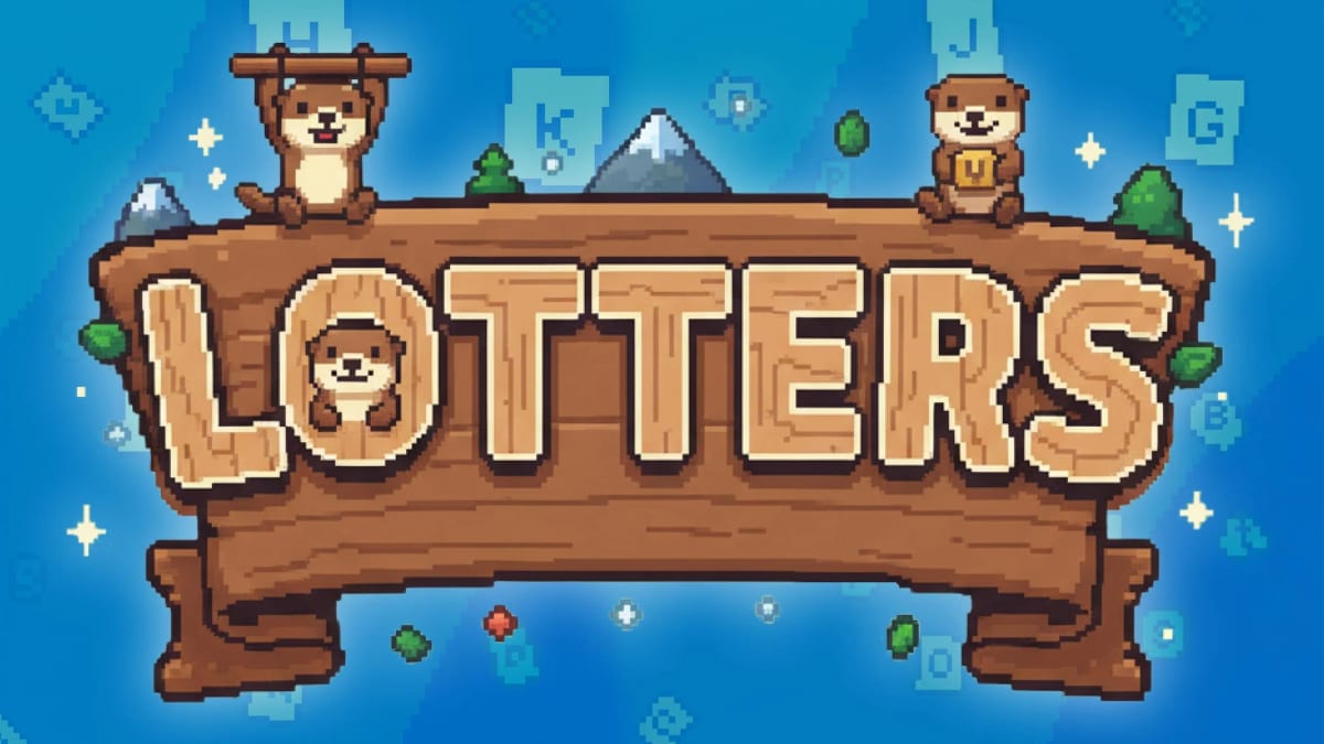 Pixel-art Lotters logo carved into a wooden sign with two otters perched on top and letter tiles drifting past