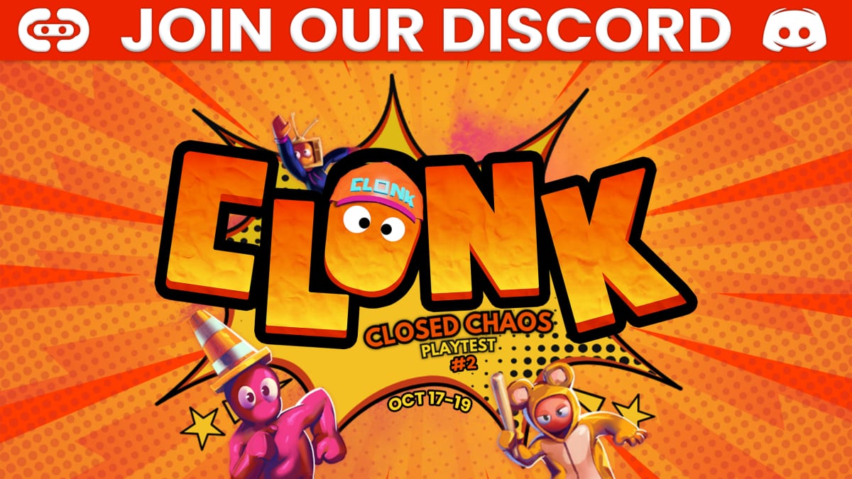 Join Our Discord banner for the Clonk Closed Chaos Playtest #2, October 17 to 19, with two clay characters
