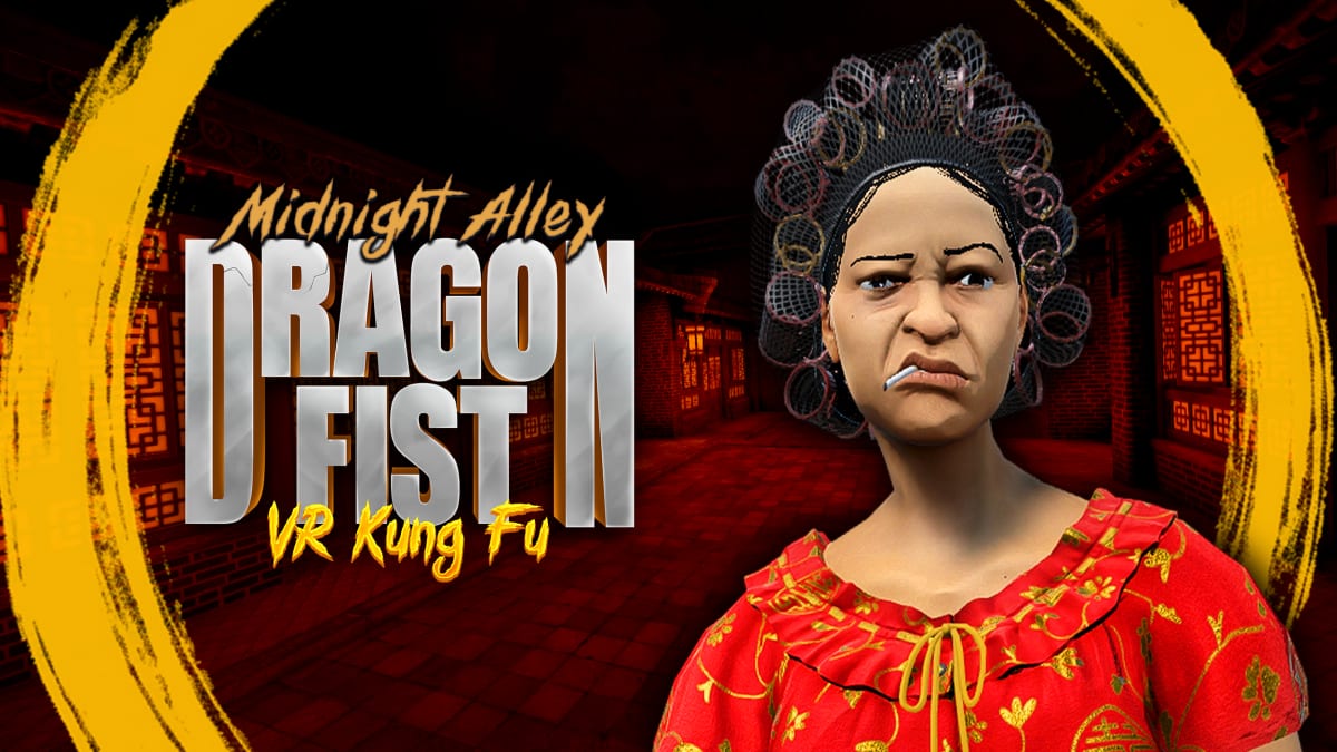Midnight Alley DLC key art for Dragon Fist: VR Kung Fu, with the Landlady scowling beside the logo