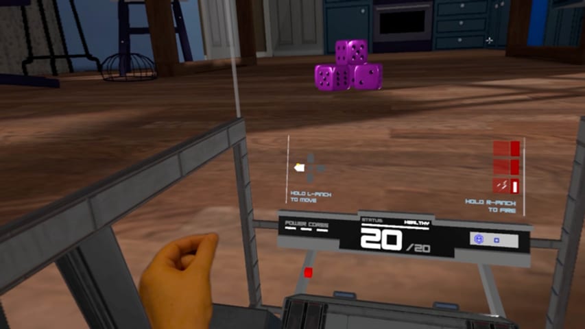 Small Bots cockpit on a wooden floor, ammo at 20 of 20, with stacked purple cubes and kitchen cabinets ahead