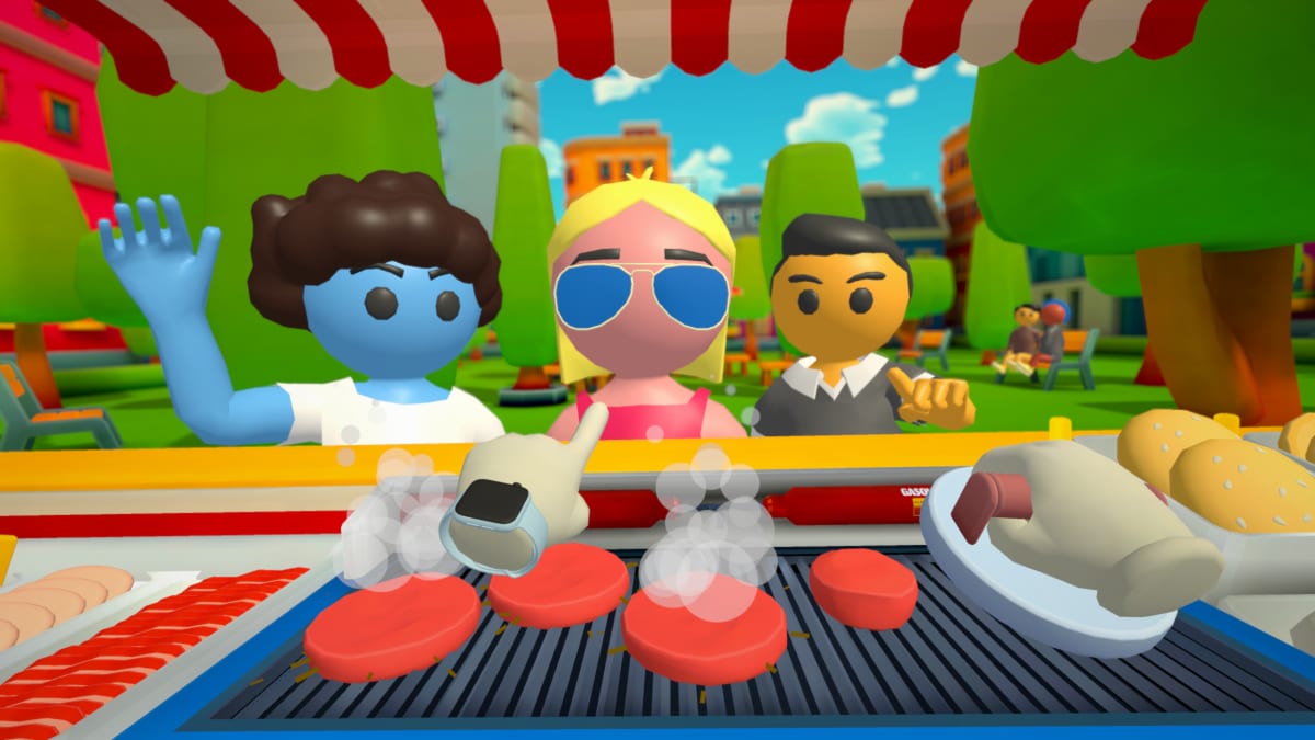 Grill on Wheels: burger patties sizzling on the griddle while three customers wait at the truck window