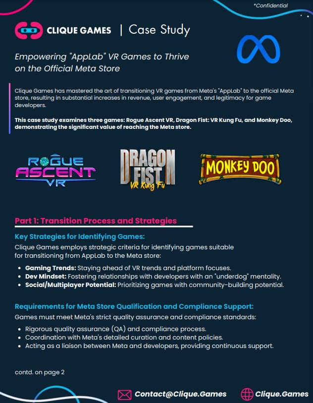 Cover page of the Clique Games AppLab to Meta Store case study with the Rogue Ascent VR, Dragon Fist, and Monkey Doo logos