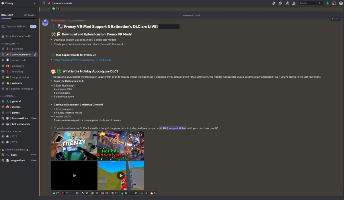 Frenzy VR Discord announcements channel with a pinned mod support post and a channel list down the side
