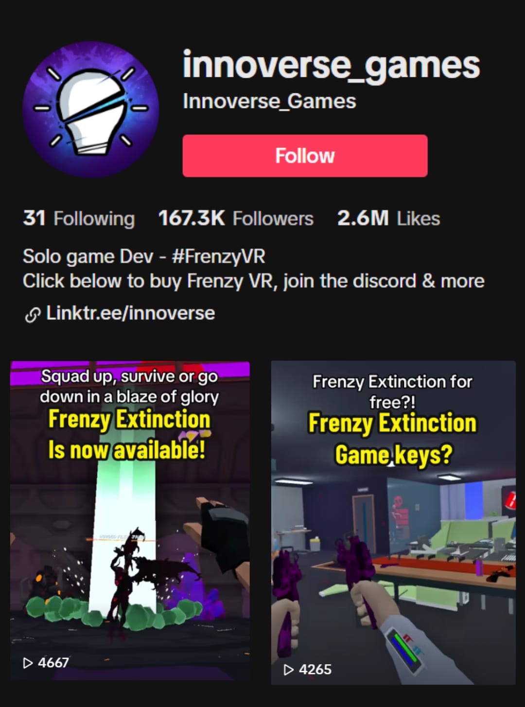 Innoverse Games TikTok profile with 167.3K followers, showing pinned Frenzy Extinction gameplay clips
