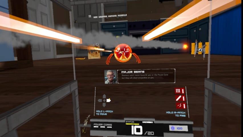 Small Bots mech cockpit view firing twin beams at a googly-eyed target while Major Bernie gives orders