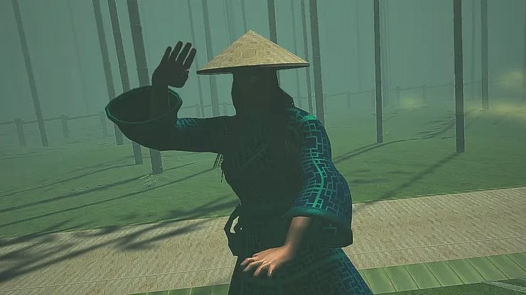 Dragon Fist: VR Kung Fu fighter in a straw hat holding a kung fu stance in a misty bamboo forest