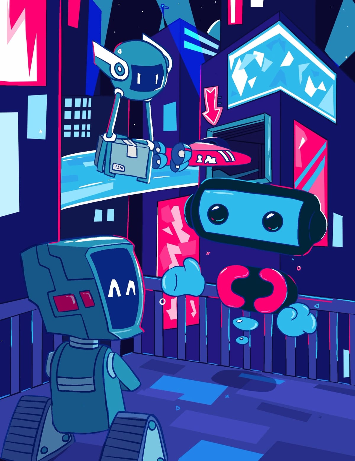 Neon illustration of robots gathering on a city street beneath glowing signs and billboards