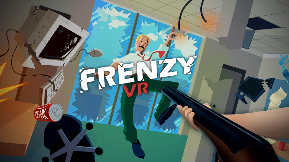 Frenzy VR key art, a first-person view down a shotgun barrel at a wrecked office with the game logo on the wall