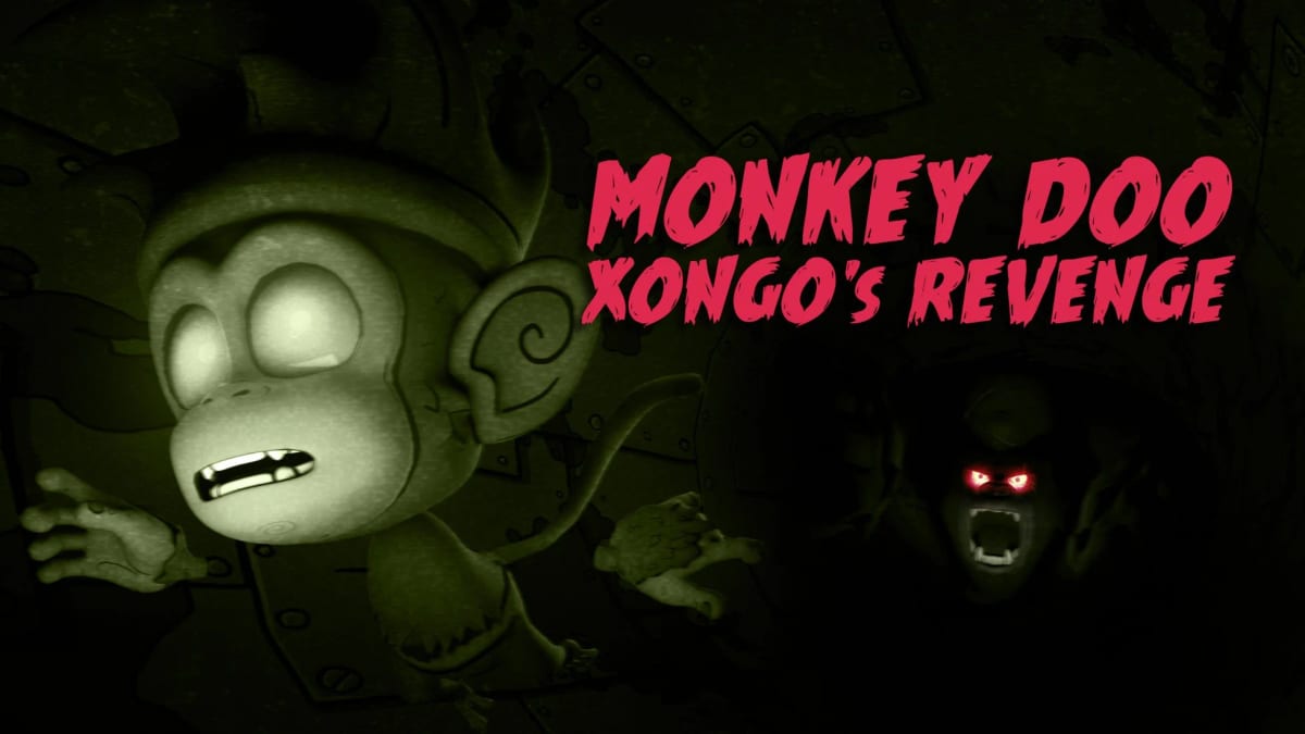 Horror-mode art with a terrified Monkey Doo monkey and red-eyed Xongo lurking in the green gloom