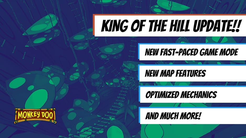Monkey Doo King of the Hill update banner listing a new fast-paced game mode, new map features, and optimized mechanics