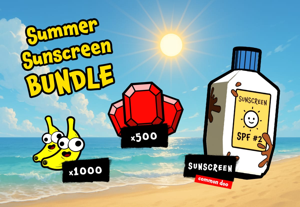 Summer Sunscreen Bundle art on a beach, showing the Sunscreen Doo, 500 rubies and 1000 bananas