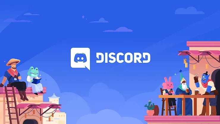 Discord logo and wordmark above illustrated characters hanging out on village rooftops