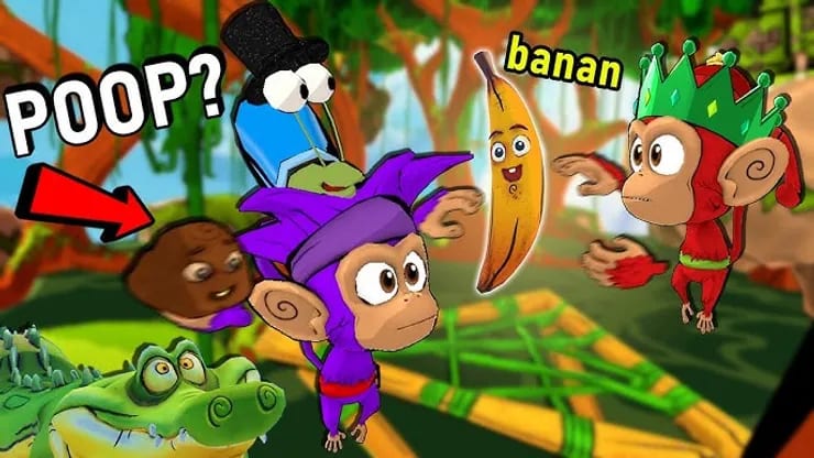 Monkey Doo VR thumbnail captioned POOP? with costumed monkeys, a banana and a crocodile in the jungle