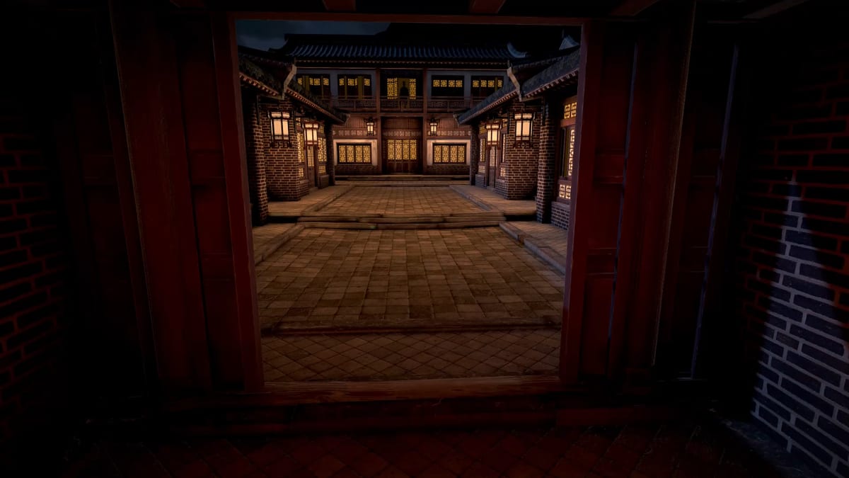View from inside a dark side building, looking through an open doorway onto the lantern-lit Alley
