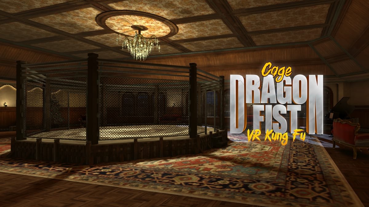 The Cage stage in Dragon Fist: VR Kung Fu, a wooden octagonal ring in an ornate chandelier-lit hall