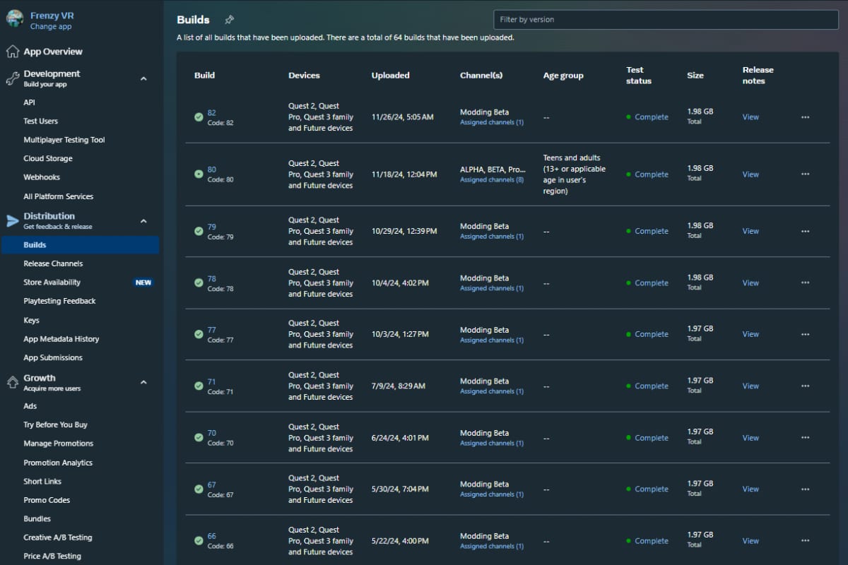 Builds page for Frenzy VR listing uploaded builds with their devices, upload date, release channel, age group, and size