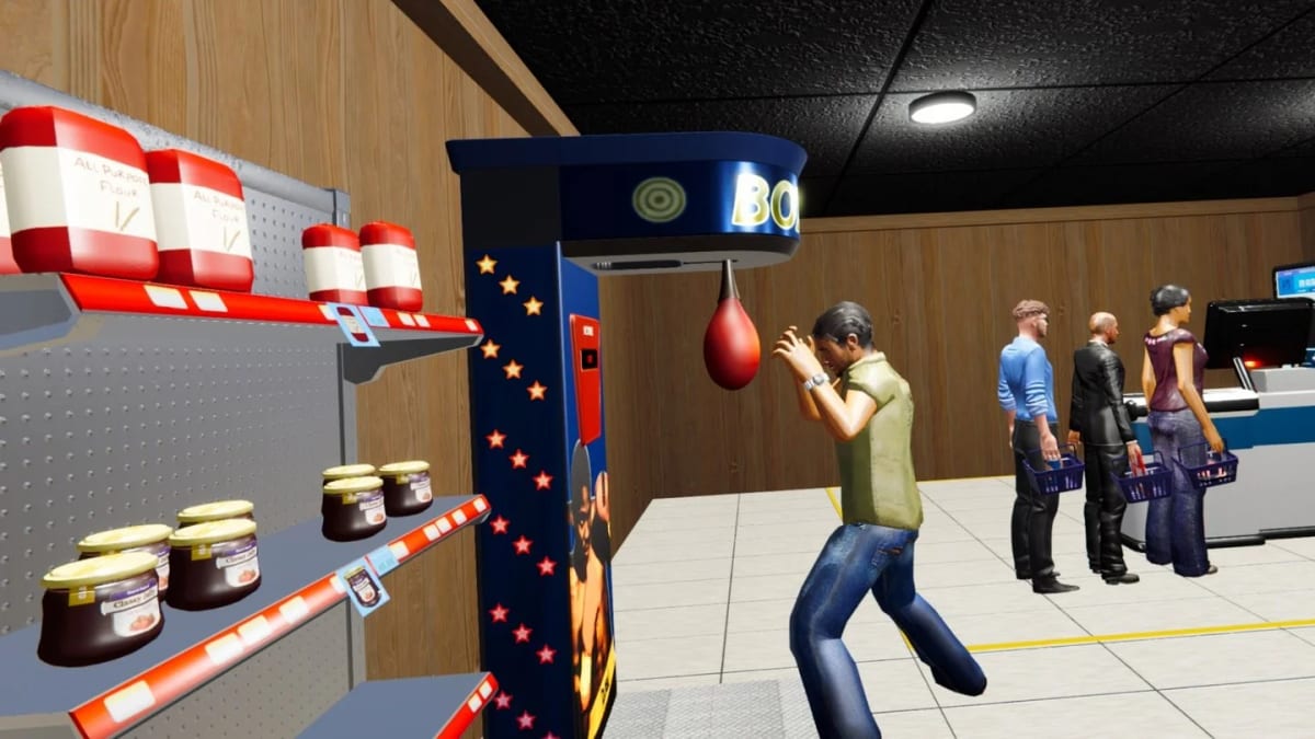 A customer punching a boxing arcade machine in the store while shoppers queue at the checkout