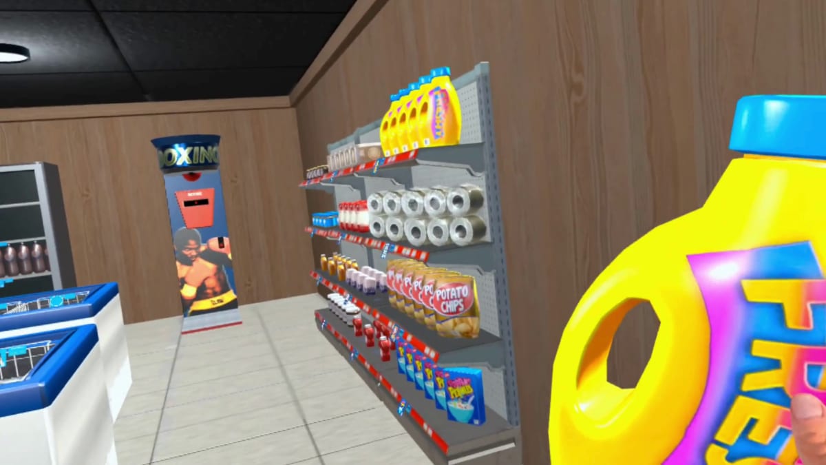 First-person view holding a detergent bottle in front of shelves stocked with paper goods and snacks