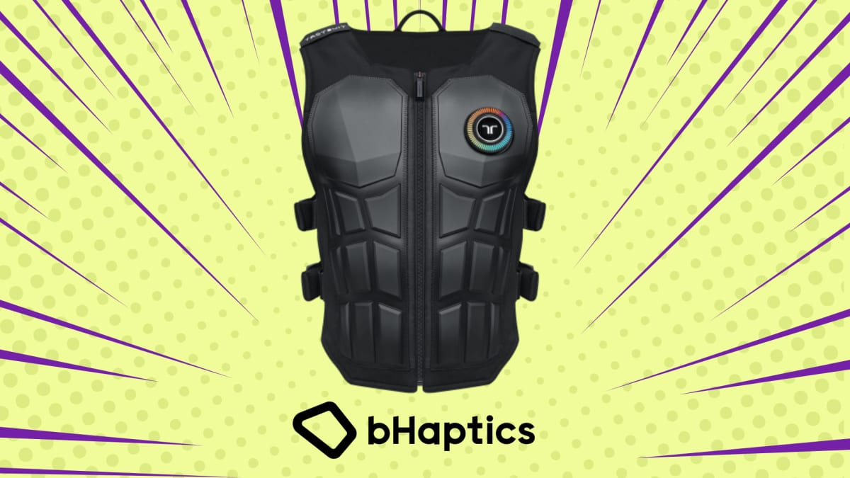 Black bHaptics TactSuit Pro haptic vest over a yellow starburst with the bHaptics logo
