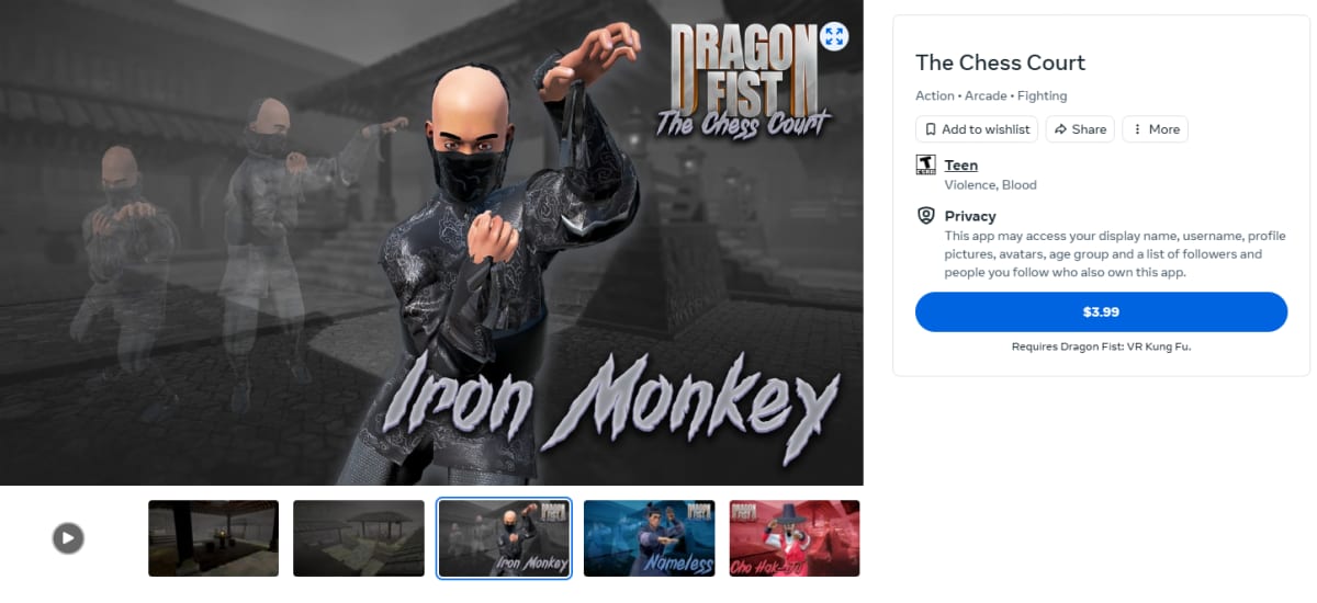 The Chess Court store page showing the masked Iron Monkey fighter and a $3.99 purchase button