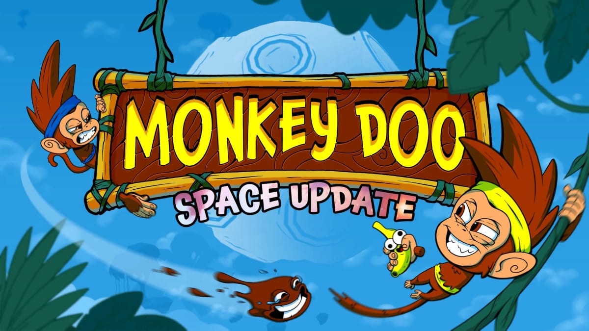 Monkey Doo Space Update key art with cartoon monkeys swinging around a bamboo jungle sign