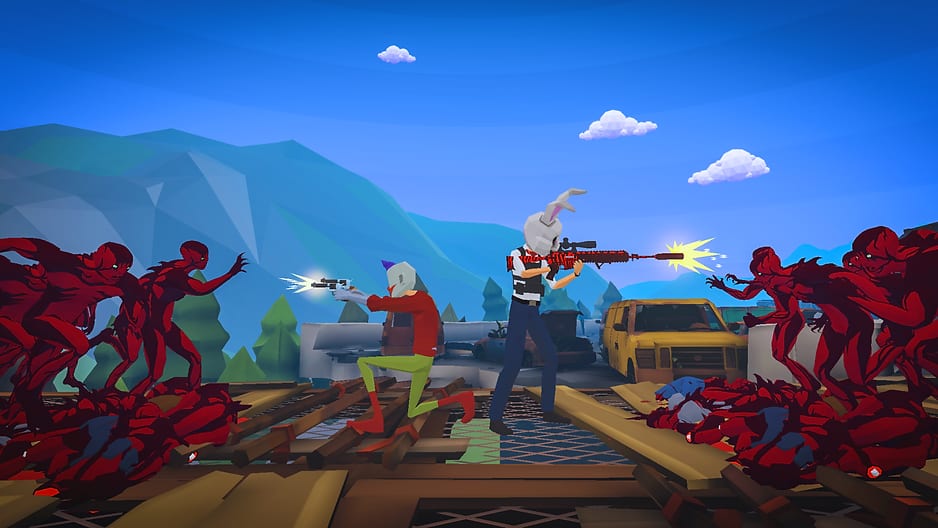 A scene from Frenzy Extinction, a VR shooter game, featuring a bunny character and another figure battling waves of red zombies on a desolate, mountainous backdrop with abandoned vehicles.