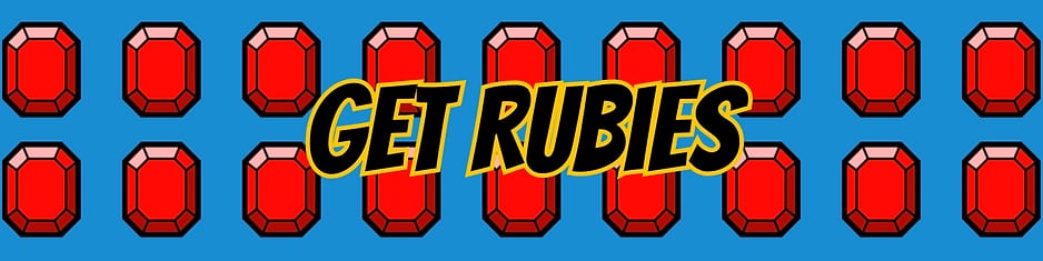 Get Rubies banner with rows of red gems on a blue background