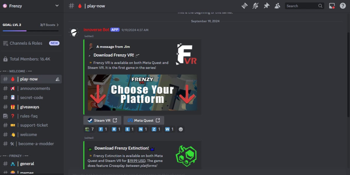 Frenzy Discord server play-now channel posting download links for Frenzy VR and Frenzy Extinction, 16.4K members