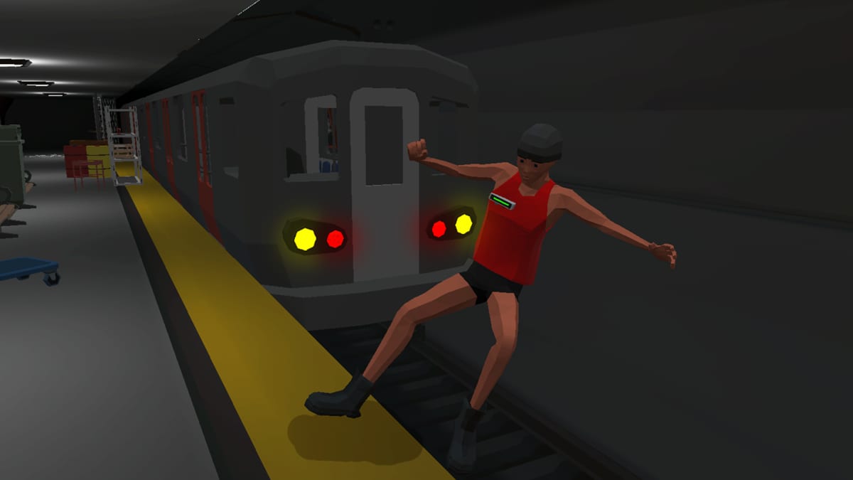 Frenzy VR character in a red tank top leaping off the tracks in a dim subway station as a train pulls in