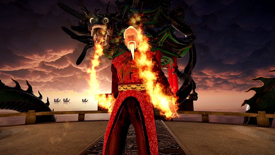 Dragon Fist: VR Kung Fu boss in red robes with flaming fists standing before a giant dragon statue