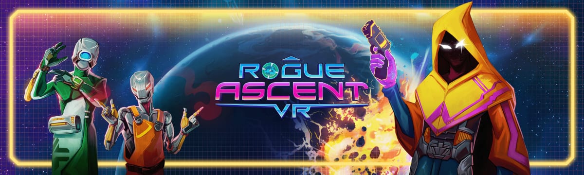 Rogue Ascent VR key art banner with four neon-lit characters flanking the logo against a planet and starfield
